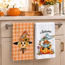 2pcs Orange Plaid Scarecrow Pumpkin Pattern Kitchen Towels, Autumn Country Farmhouse Style Cartoon Print Absorbent Hand Towels, Suitable For Autumn Kitchen, Harvest Season, Halloween, Thanksgiving, Family Gathering, Home Decor 4/6/8pcs Set - Multicolor - View 2