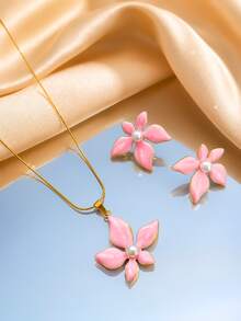 1 Set Sweet Pink Enamel Flower Pearl Pendant Necklace & Earrings Jewelry Set, Personalized Fashion Women's Jewelry, Suitable For Daily Wear, Party And Holiday Gift - Flower - View 7