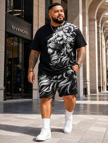 2pcs/Set Plus Size Men's Street Style Set, Black & White Lion Head Print Short Sleeve T-Shirt + Shorts, Casual Hip Hop Summer Sports - Black - View 1