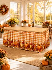 1pc-Thanksgiving Table Skirt, Fall Harvest Border Table Skirt With Pumpkin Apple Pear Maple Leaf Print, Orange Gingham Table Skirt For Dining Table, Buffet Table, Dessert Table, Autumn Party, Thanksgiving Home Kitchen Decoration - Multicolor - View 9