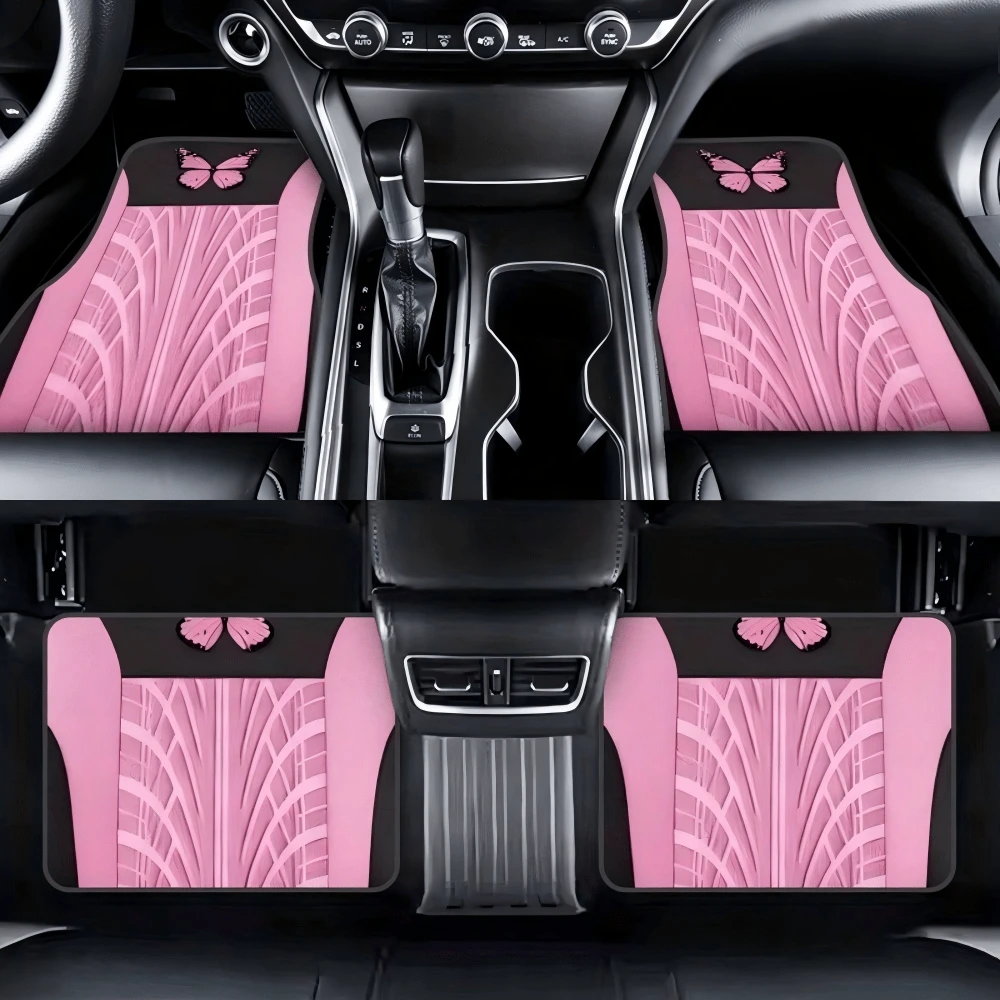 4pcs Pink Butterfly Print Car Floor Mats, 2D Flat Texture Non-Slip Material, Durable, Precise Edging, Suitable For Multiple Car Models, Special Gift For Your Partner - A - View 1