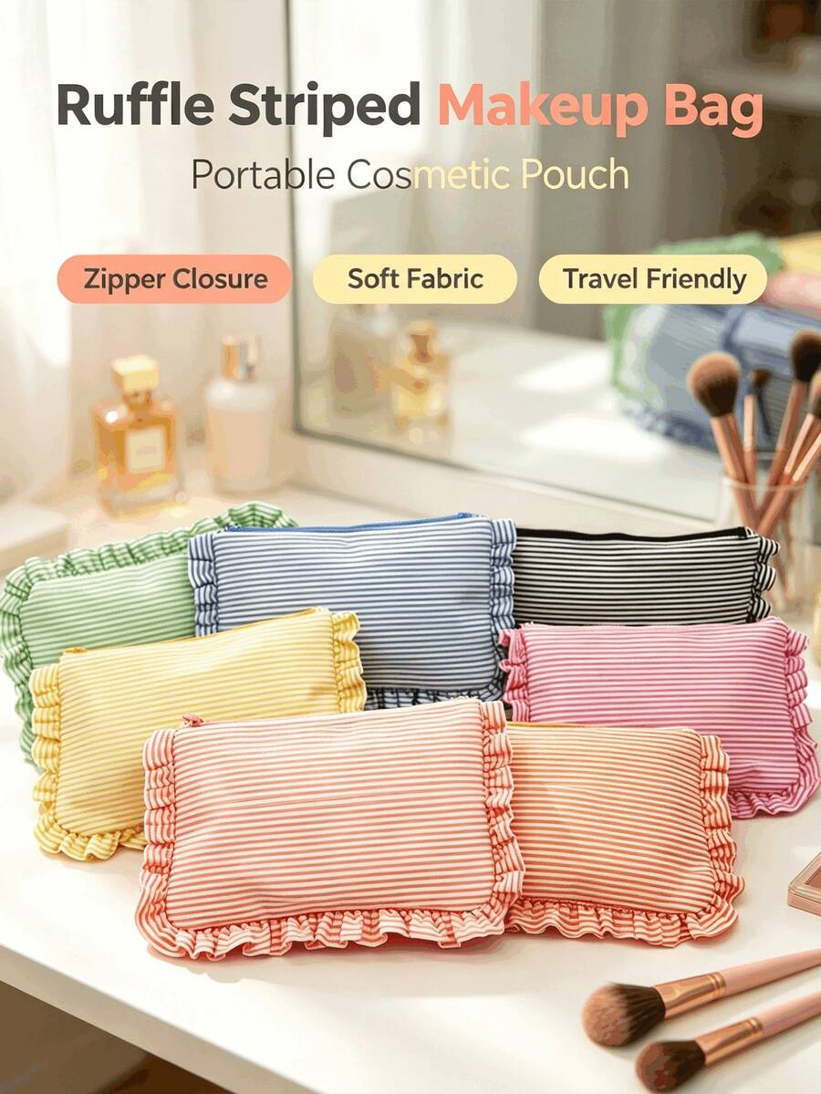 Ruffle Trim Striped Makeup Bag, Soft Fabric Zipper Cosmetic Pouch, Portable Travel Toiletry Organizer - Multicolor - View 1