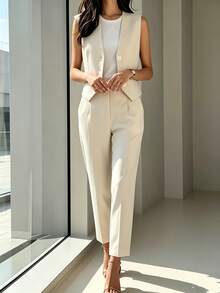 Women's Elegant Commuter Vest & Long Pants 2 Pieces Set, Solid Color, Pocket, Front Button, Office - Apricot - View 2