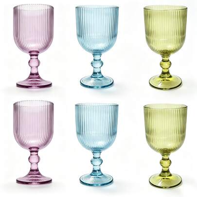 6 Pack Ribbed Glass Goblets , Vintage Stemmed Drinking Glass Cups, 2‑Pack For Each Color(Purple, Blue, Olive Green), 400ml Colored Glassware For Water, Wine, Juice, Kitchen Dining Party