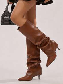 Stylish Women's Slouchy Knee High Boots Point Toe Stilettos Thin High Heels Ruched Design Wide Calf Shark Fold Over Boots Pull On Dress Party Shoes - 棕色 - 查看 6