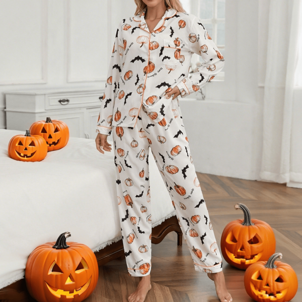 Halloween 2-Piece Set Spring/Autumn Lightweight Pumpkin & Bat Print With Pockets Color Block Elegant Comfortable Pajamas Color Block Trim Cute Long Sleeve Long Pants Comfortable Bubble Crinkle Fabric Loungewear Casual Sleepwear