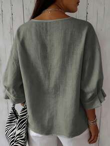 Women's Plus Size Short Sleeve Solid Color Square Neck Drop Shoulder Lotus Ruffle Cuff Summer Blouse - Grey - View 4