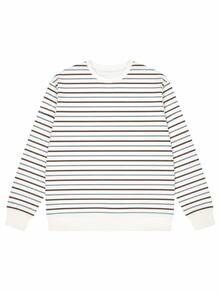Women's Vintage Colorful Horizontal Striped Crew Neck Sweatshirt, Loose Fit Drop Shoulder Casual Pullover - White - View 2