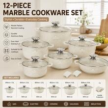 12-Piece Marble Pattern Aluminum Cookware Set With Glass Lids, Cream White Cooking Pot Set, Cream White - View 10