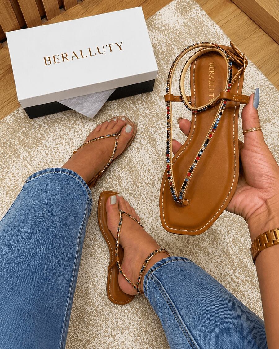 BERALLUTY WOMEN'S FLAT SANDAL WITH STRASS AND GLITTER, COMFORTABLE - Camel - Ver 1