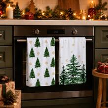 2pcs Christmas Tree Snowflake Pattern Kitchen Towels, Watercolor Pine Tree & Gold Snowflake Full Print Decorative Tea Towels, Suitable For Christmas, Christmas Party, Winter Kitchen, Family Gathering, Holiday Home Decor, 4/6/8pcs Set - Multicolor - View 2