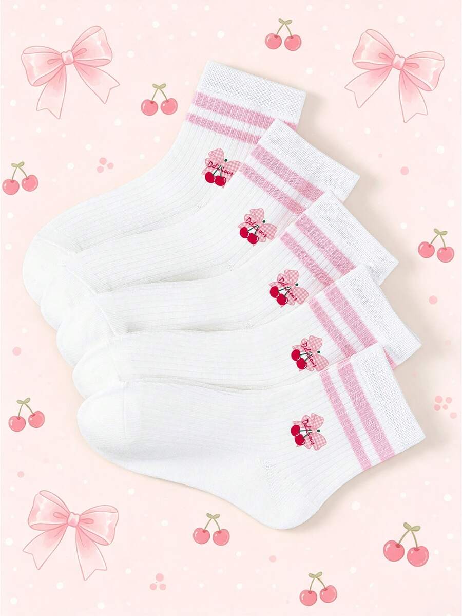 1/5 Pairs Children's Socks, Sweet Princess Style Girls Socks, Heart-Shaped Bow Print Mid-Calf Socks, White And Red Double Stripes, Soft And Breathable, Suitable For Spring And Autumn Daily Wear - Multicolor - View 1