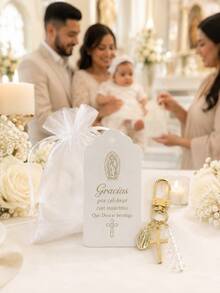 1 Set/10 Sets/20 Sets Spanish Baby Baptism Favor Set, White Gauze Gift Bag + Gold Virgin Mary Cross Keychain + Gracias Thank You Card, Baptism Baby Party Decoration, Church Baptism Memorial Gift, Guest Favor, Religious Blessing Small Gift, Suitable For Boy/Girl Baptism Banquet, Mexican Family Gathering, US Latino Baby Shower, Catholic Sacrament Celebration Table Decor And Bulk Distribution - Multicolor - View 3