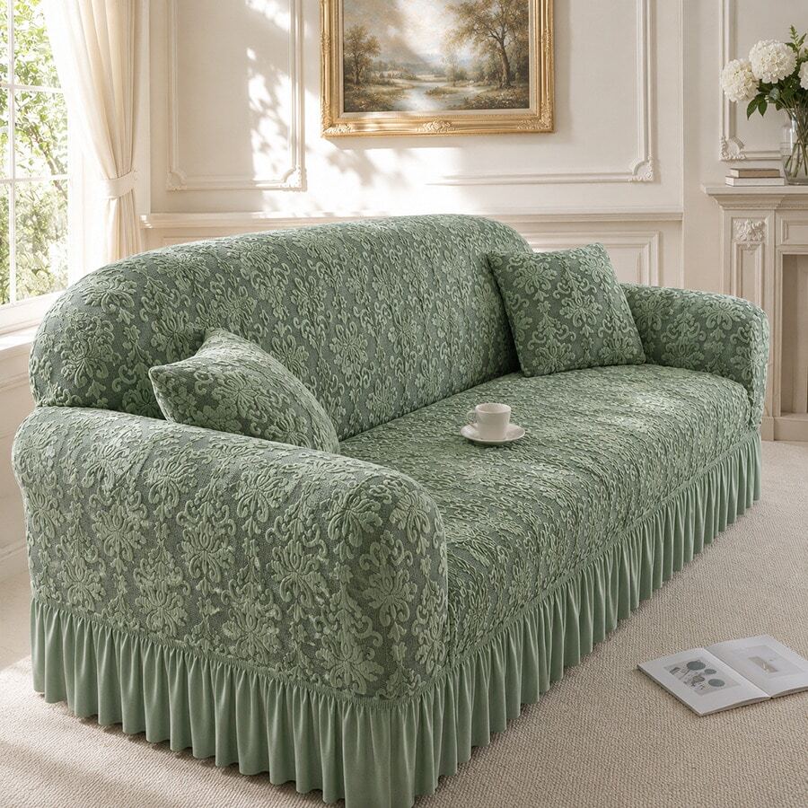 1pc Vintage Woven Jacquard Pattern Hem Style Full Stretch Sofa Cover, No Pillowcase, Dust-Proof & Dirt-Resistant, Elastic One-Piece Full Coverage Sofa Protector, Living Room Home Decor, Machine Washable & Water Washable - Mint Green - View 1