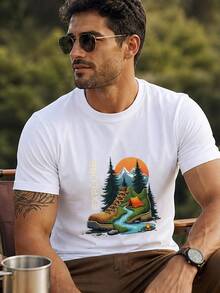 Camiseta de manga corta para hombre con estampado gráfico, cuello redondo, top casual perfecto para salidas, adecuada para el uso diario en otoño, entrega local. - Blanco - Ver 3