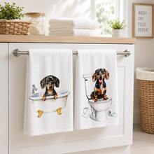 2pcs White Dachshund Pattern Bathroom Towels, Fun Cartoon Style Soft Fabric Rectangular Bathtub Toilet Dog Print Absorbent Hand Towels, Suitable For Bathroom, Washroom, Guest Bathroom, Housewarming Celebration, Daily Home Use, 4/6/8pcs Combination Pack - Multicolor - View 3