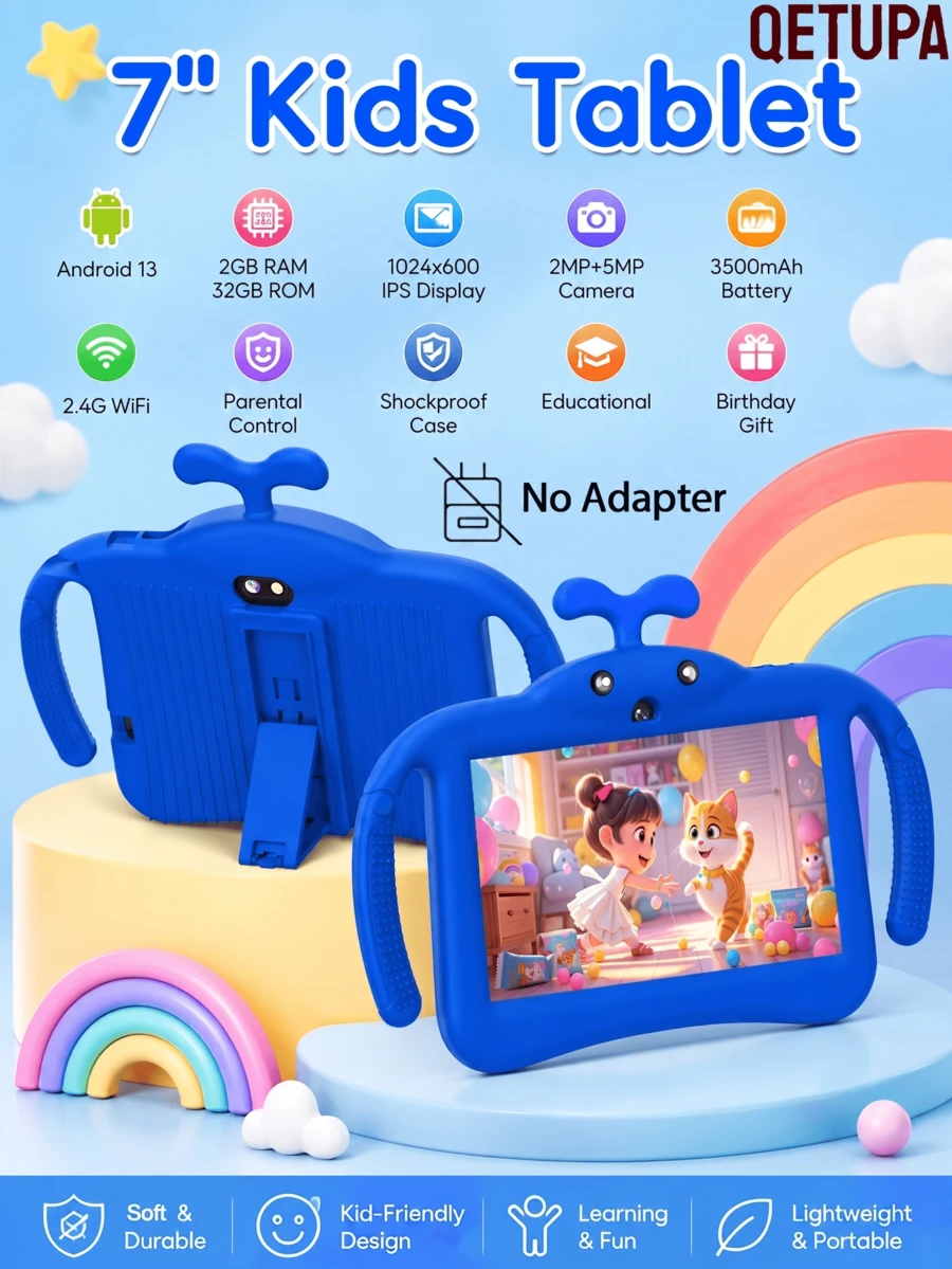 Qetupa 7 吋兒童平板電腦 Android 13,4GB+64GB,1024x600 IPS 螢幕,雙鏡頭,3500mAh 電池,WiFi 幼兒平板附防震保護殼,家長控制教育學習平板,兒童生日禮物(不含適配器) - 藍色 - 查看 1
