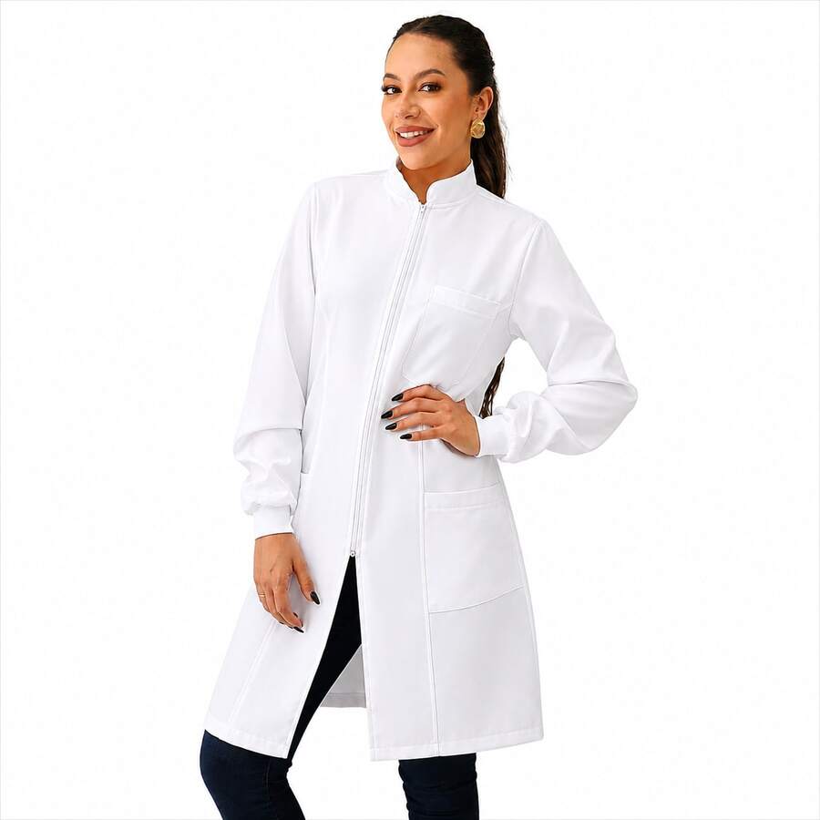 Jaleco Feminino Oxford Ziper, Branco, Manga Longa, Com Punho, Acinturado, Gola Padre, Avental
