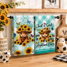 2pcs Blue Green White Plaid Highland Cow Sunflower Kitchen Towels, Cute Country Farmhouse Style Soft Microfiber Rectangular Printed Absorbent Quick Dry Hand Towels, Suitable For Kitchen Decor, Holiday Gifts 4/6/8pcs Set - Multicolor - View 5