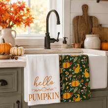 2pcs "Hello Pumpkin" Autumn Kitchen Towels, White & Floral Print Rustic Farmhouse Style Rectangular Decorative Hand Towels, Suitable For Autumn, Harvest Festival, Thanksgiving, Kitchen Decor 4/6/8pcs Set - Multicolor - View 4