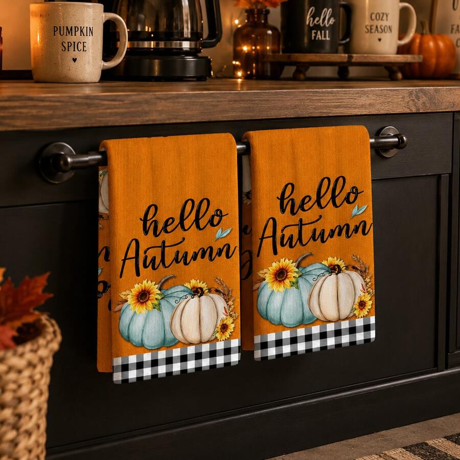 2pcs Orange Autumn Pumpkin Print Kitchen Towels, Rustic Farmhouse Style Rectangular Absorbent Hand Towels, Hello Autumn Lettering, Sunflower And Black & White Plaid Design, Suitable For Thanksgiving Kitchen Decor 4/6/8pcs Set - Multicolor - View 1
