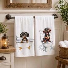 2pcs White Dachshund Pattern Bathroom Towels, Fun Cartoon Style Soft Fabric Rectangular Bathtub Toilet Dog Print Absorbent Hand Towels, Suitable For Bathroom, Washroom, Guest Bathroom, Housewarming Celebration, Daily Home Use, 4/6/8pcs Combination Pack - Multicolor - View 2