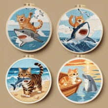 1PC 20*20cm/7.9*7.9in,Cat And Fish Embroidery Kit, DIY Handmade Embroidery Set For Adult Beginners, Home Gift, Women's Sewing Gift, Including User Manual, Printed Pattern Fabric, Embroidery Frame, Needle And Thread. - Cat and Fish - View 3