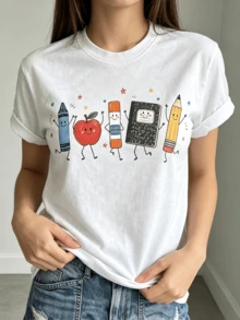 Women's Loose-Fitting T-Shirts For Spring And Summer, Featuring Fun Stationery And Fruit-Print Designs, And A Casual Round-Neck Top - 白色 - 查看 3
