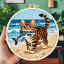1PC 20*20cm/7.9*7.9in,Cat And Fish Embroidery Kit, DIY Handmade Embroidery Set For Adult Beginners, Home Gift, Women's Sewing Gift, Including User Manual, Printed Pattern Fabric, Embroidery Frame, Needle And Thread. - Cat and Fish - View 16