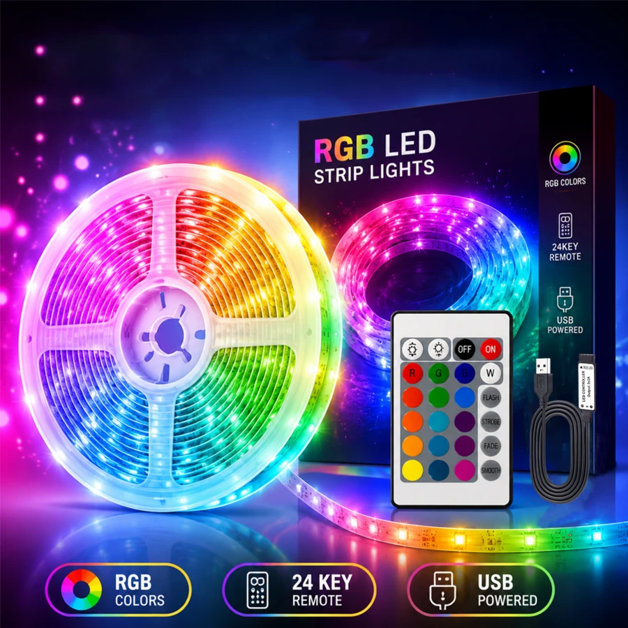 16.4英尺 RGB LED 燈條，可變色氛圍燈，適用於電視背光、臥室牆面、沙發、客廳裝飾，24 鍵遙控器 USB 供電照明 - 3535RGB-LED - 查看 1