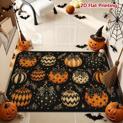 1/2 piezas Felpudo de Halloween, Felpudo de franela con tema de Halloween, Cómodo, suave, absorbente, antideslizante y lavable a máquina, Alfombra multifuncional para entrada del hogar, cocina, baño, pasillo, dormitorio, patio, con patrón de lunares, rayas, zigzag y calabaza en negro y naranja, para ambiente festivo
