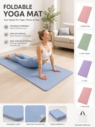 Foldable Yoga Mat, Double-Sided Non-Slip Portable Fitness Mat With Storage Bag, Lightweight Foldable Fitness Mat For Yoga, Camping, Office Breaks And Outdoor Travel