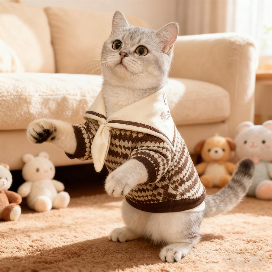 Opjoys 1pc Striped Pet Shirt, Contrast Color Sailor Collar, Suitable For Cats And Dogs, Soft And Breathable, Suitable For Daily Wear, Suitable For Small Puppies, Various Breeds Of Cats, Teddy Bears, Bichon Frise, Yorkshire Terriers, Etc. - Coffee Brown - View 1