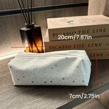 1pc Star Pattern Canvas Pencil Case, Large Capacity Zipper Pen Bag, Portable Student Stationery Storage Bag, Multi-Functional Cosmetic Storage Box, School, Office, Daily Use, New Semester Season, School Use - White Star Polka Dots - View 3