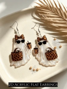 2D Flat Acrylic Ghost Earrings, Leopard Print Bow Fashion Glasses Ghost Dangle Earrings, Halloween Sweet & Cool Ghost Accessories Women's Gift - Leopard Print Bow Ghost - View 4