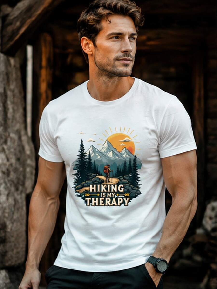 Men's "HIKING IS MY Relax" Graphic T‑Shirt, Short‑Sleeve Crewneck, Lightweight Comfort Casual Top For Autumn Daily Outfits, Local Shipping - White - View 1