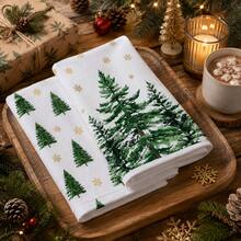 2pcs Christmas Tree Snowflake Pattern Kitchen Towels, Watercolor Pine Tree & Gold Snowflake Full Print Decorative Tea Towels, Suitable For Christmas, Christmas Party, Winter Kitchen, Family Gathering, Holiday Home Decor, 4/6/8pcs Set - Multicolor - View 1