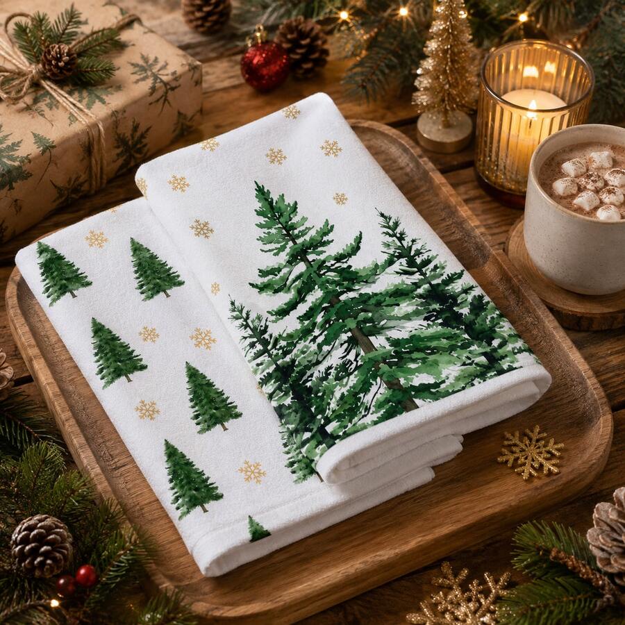 2pcs Christmas Tree Snowflake Pattern Kitchen Towels, Watercolor Pine Tree & Gold Snowflake Full Print Decorative Tea Towels, Suitable For Christmas, Christmas Party, Winter Kitchen, Family Gathering, Holiday Home Decor, 4/6/8pcs Set - Multicolor - View 1