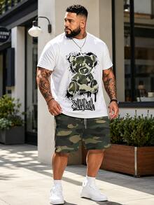 Plus Size Street Fashion Men's Summer Set, Plus Size Loose Fit Short Sleeve T-Shirt (Camo Bear Graffiti) + Camo Shorts, Casual Outfit For Big & Tall Sports - 綠色 - 查看 1