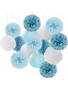 1 Set Gray Blue & White Party Decoration Paper Lanterns - 15pcs Birthday Bridal Shower Ribbon Honeycomb Balls - Blue Tones - View 7