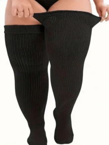 Plus Size Extra Wide Extra Long Extra Thick Knitted Thigh High Socks, Suitable For Thick Legs - Black - View 1