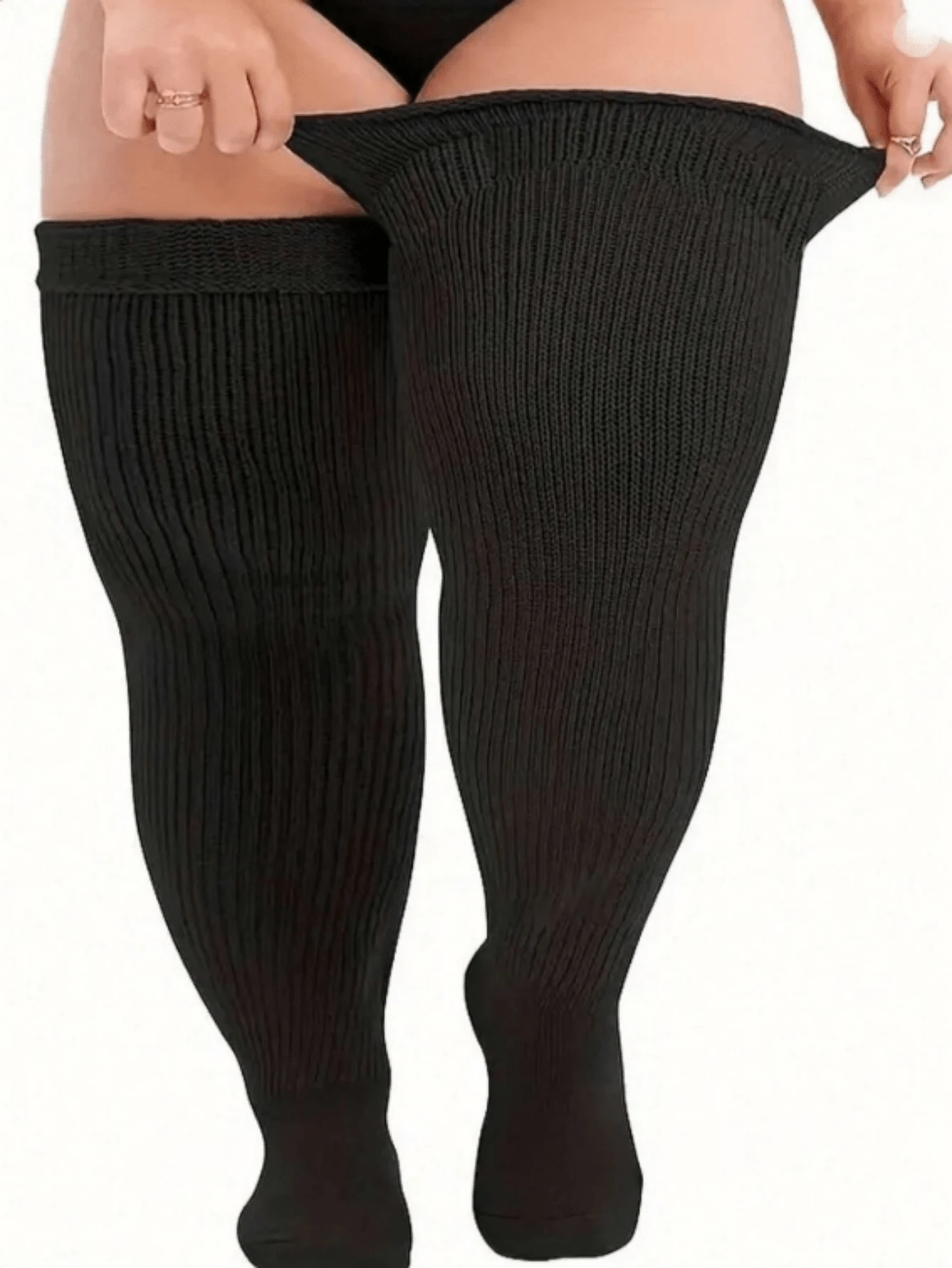 Plus Size Extra Wide Extra Long Extra Thick Knitted Thigh High Socks, Suitable For Thick Legs - Black - View 1