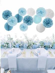 1 Set Gray Blue & White Party Decoration Paper Lanterns - 15pcs Birthday Bridal Shower Ribbon Honeycomb Balls - Blue Tones - View 4