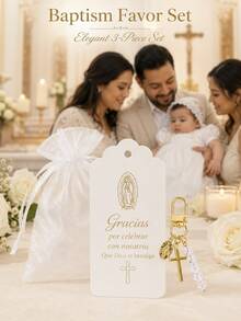 1 Set/10 Sets/20 Sets Spanish Baby Baptism Favor Set, White Gauze Gift Bag + Gold Virgin Mary Cross Keychain + Gracias Thank You Card, Baptism Baby Party Decoration, Church Baptism Memorial Gift, Guest Favor, Religious Blessing Small Gift, Suitable For Boy/Girl Baptism Banquet, Mexican Family Gathering, US Latino Baby Shower, Catholic Sacrament Celebration Table Decor And Bulk Distribution - Multicolor - View 4