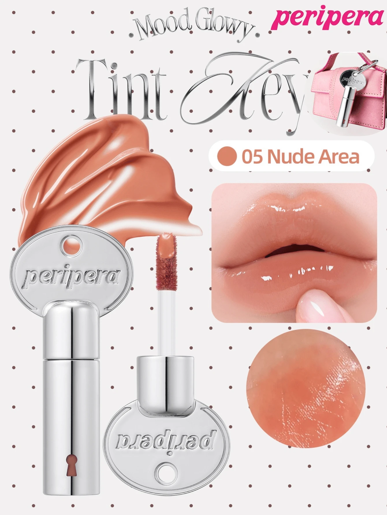Peripera 2.4 G MOOD GLOWY TINT KEY 化妝品吊飾液體唇彩棒，豐盈果凍光澤透亮亮澤，不乾澀長效持色唇釉鑰匙圈，可穿戴美妝配件，可用作包包掛飾，K-Beauty