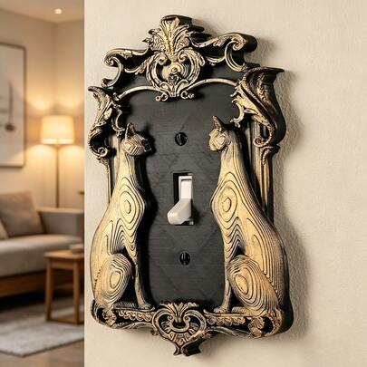 1pc 3D Printed Plastic Vintage Double Cat Carved Outlet Panel, Halloween Gothic Dark Style Wall Decor, Personalized Home Power Socket Decorative Protective Cover Plate
