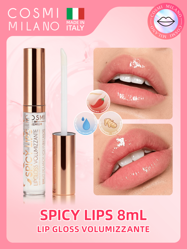 COSMI MILANO Hergestellt in Italien. 8 ml Spicy Lips Lipgloss mit Volumen- und Aufpolsterungseffekt. Angereichert mit feuchtigkeitsspendender Hyaluronsäure, stimulierender Chili und Ingwer. Glänzendes und strahlendes Finish. Zarte und leichte Formel für volle und geschmeidige Lippen. Lippen-Make-up für Frühling und Sommer. Ideal als Geschenk zum Muttertag.