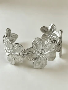 1 Stück 18k vergoldetes Gold & Silber Edelstahl großes Blumen- & Staubblatt-Splice-Offen-Armband, elegantes modisches Statement-Stück, Herbst-/Winter-Vibe, übertriebener Stil, geeignet für Frauen, soziale Anlässe, Geschenke, Partys und tägliches Tragen - Mit Blumen besticktes Staubblatt-Armband - Übersicht 5