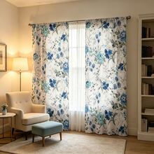2pcs Refreshing Watercolor Floral Curtains, White Background With Blue Flower Patterns, Rod Pocket Design, Provides Privacy And Easy Installation, Ideal For Home Windows - Multicolor - View 10