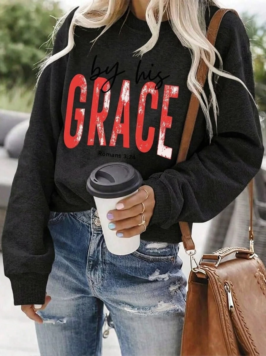 Women's Christian Faith Sweatshirt, Romans 3:24 Bible Verse Red Letter Print Crew Neck Pullover, Loose Cozy Casual Top For Church Autumn Winter - 黑色 - 查看 1